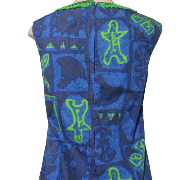 VTG 70s Hawaiian M L Tiki Polynesian Boho Retro Mod Luau Blue Maxi Hostess Dress - Picture 7 of 10